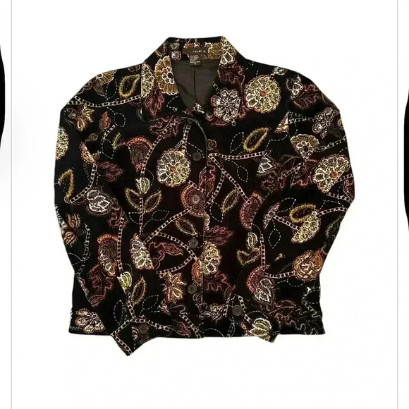 Vintage black/orange floral corduroy boho button down lightweight jacket size 10 - Picture 1 of 4